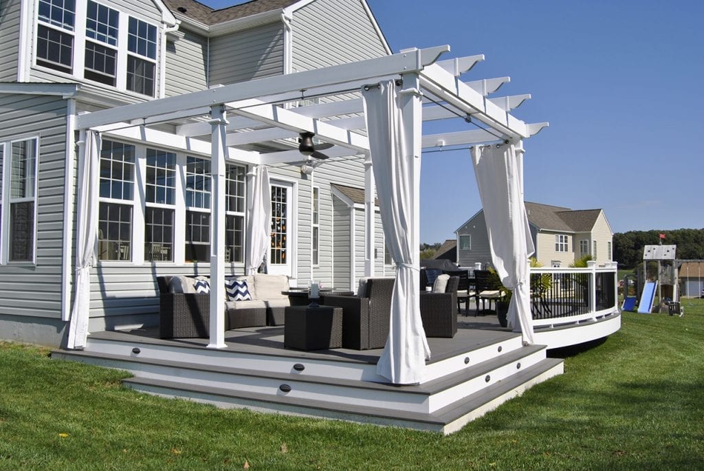 custom white vinyl pergola with wrap around curtains privacy pergola on deck