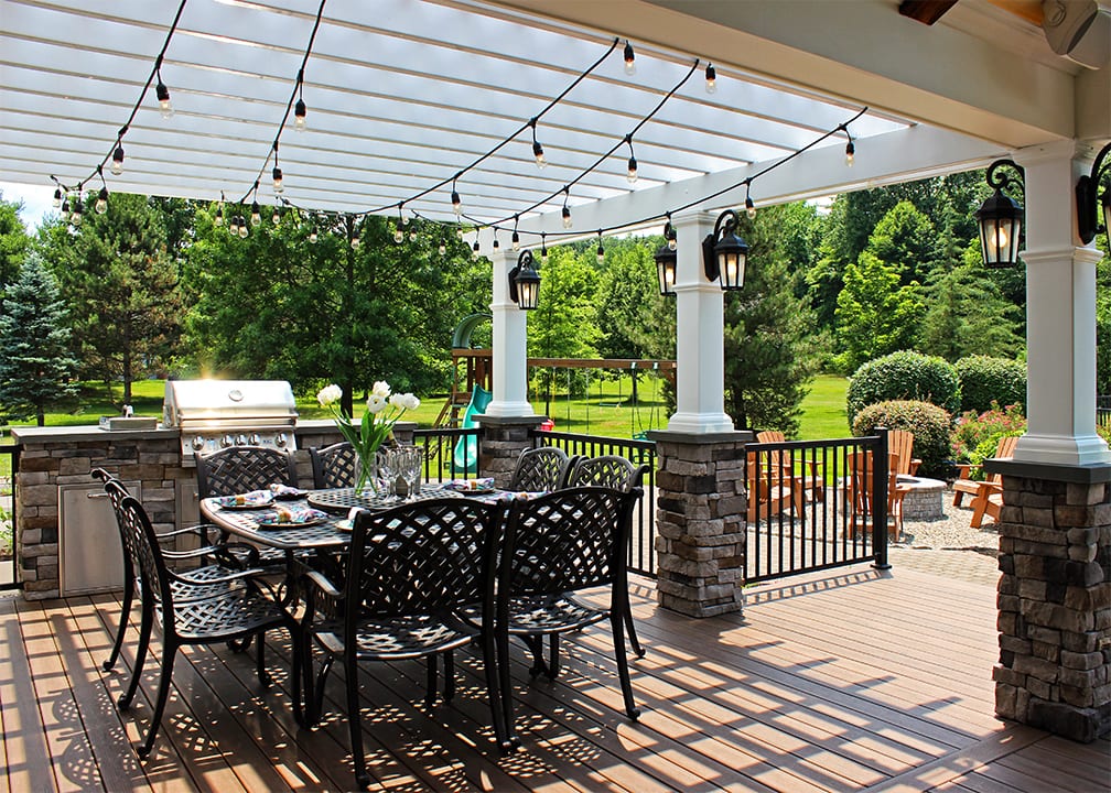 built in grilling station on timbertech deck with pergola outdoor kitchen designed with grilling station