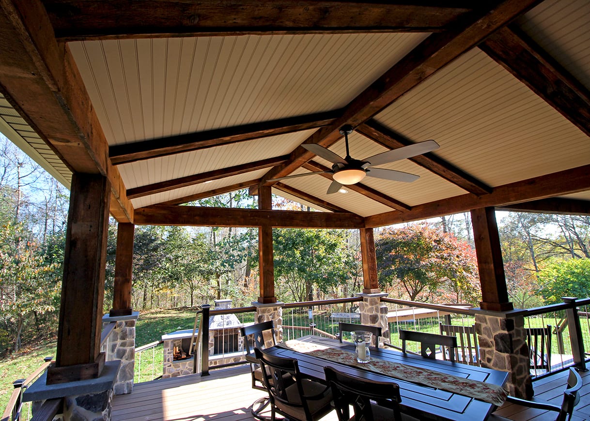 exposed beams on a-frame covered porch covered back porch with exposed beams