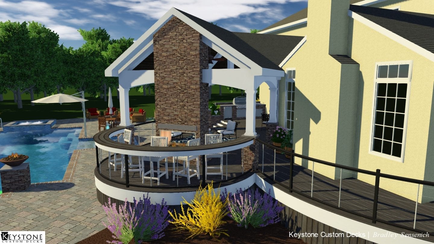 rendering of nook centered on a fireplace overlooking a pool 3D rendering of pool deck