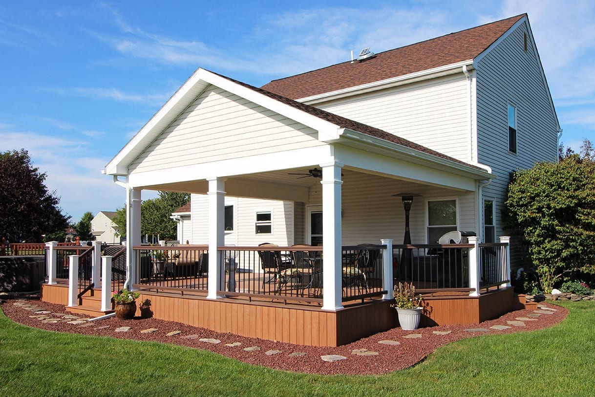 Custom Timbertech Deck Porch Warrington Pa 728 Sq Ft Clifford Timbertech Tropical Antigua Gold Deck And Porch With Closed Gable