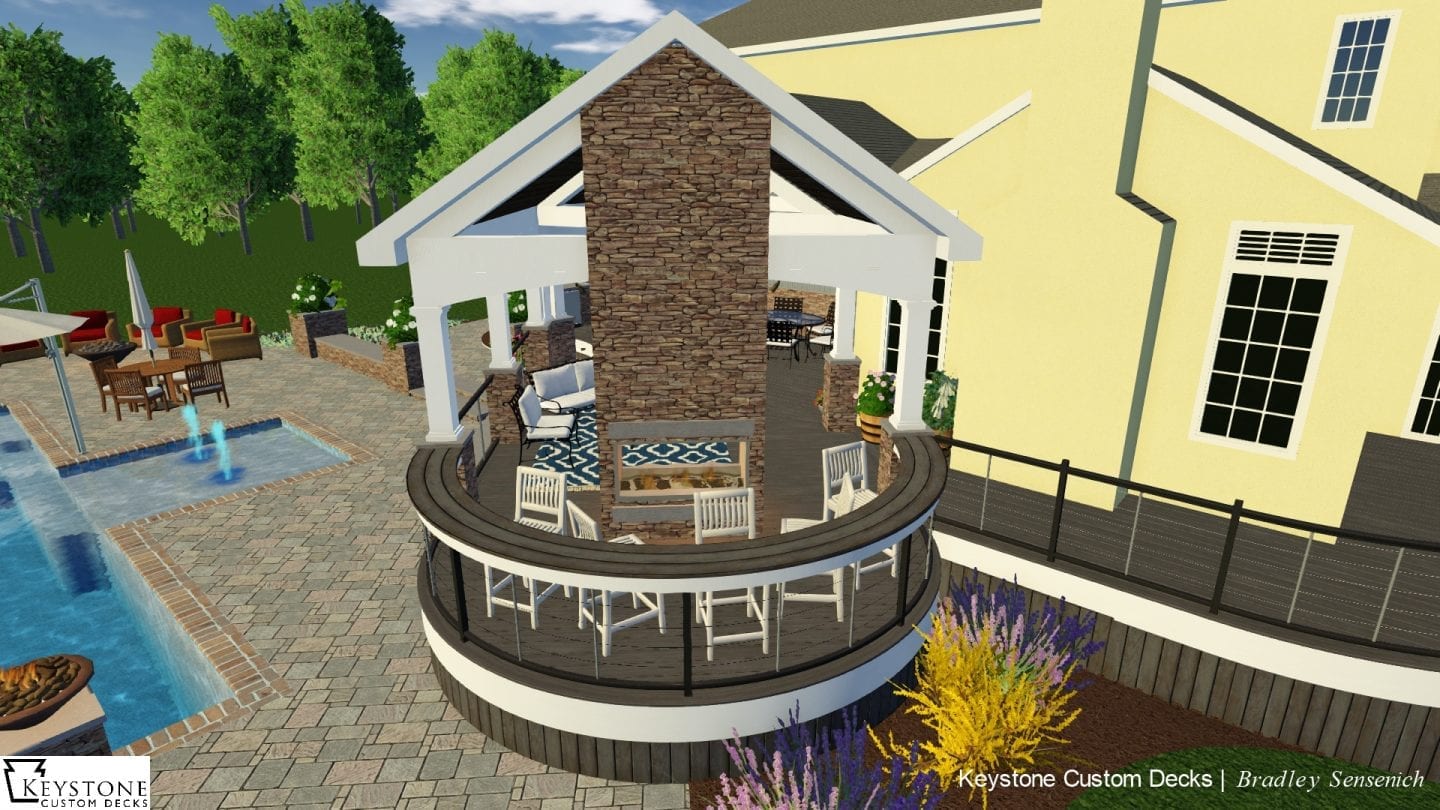 3d rendering of covered porch with double-sided fireplace covered porch 3d rendering