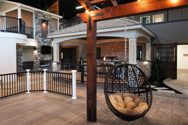 pergola with hanging egg chair in keystone custom decks inspiration center keystone custom decks inspiration center featuring pergola with hanging egg chair