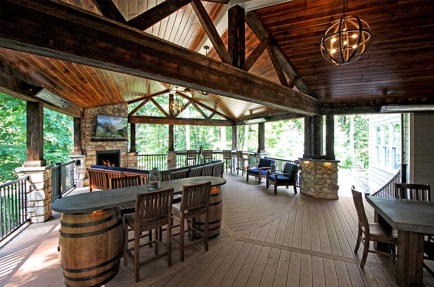 built-in deck seating with Jack Daniel’s whiskey barrel table built-in deck seating with barrel table