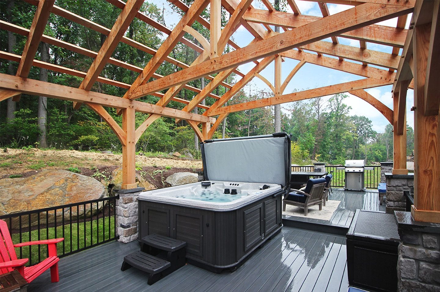hot tub on composite deck under timber frame pergola hot tub deck add-on
