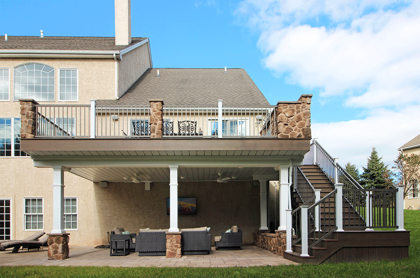 two story deck with shade underneath the top floor shade under the deck